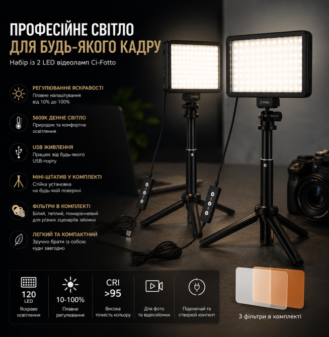 Набір із 2 LED відеоламп Ci-Fotto 5600K USB з регулюванням яскравості, міні-штативами та фільтрами для фото та відеозйомки Київ - фото 9