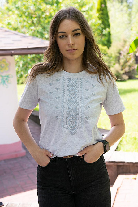 Вышиванка женская с коротким рукавом, белый меланж, хлопок топ Киев - изображение 1