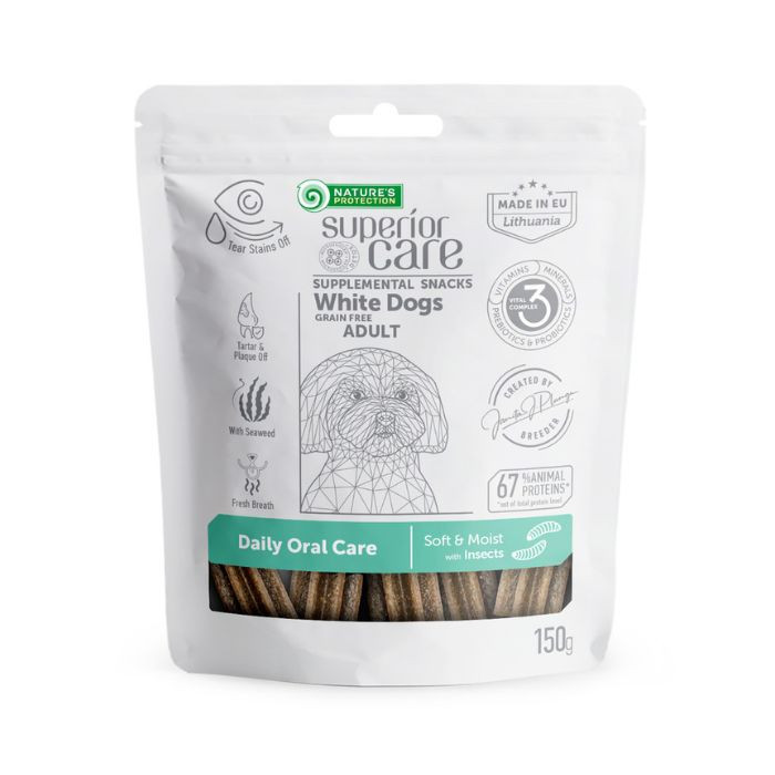 Nature's Protection Superior Care White Dogs Daily Oral Care Беззернові ласощі для дорослих собак із білим забарвленням з протеїном комах, 150 г Київ - фото 1