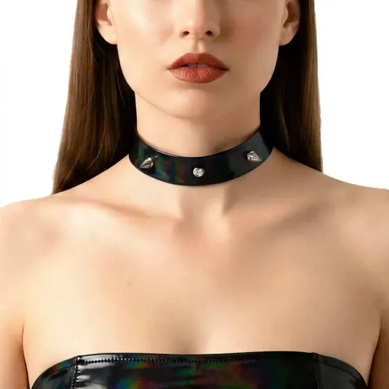 Лакований чокер з шипами Art of Sex - Mistress, колір чорний з ефектом голограми, розмір M Львов