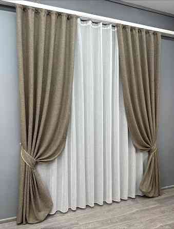 Комплект штор VR-Textil Лен Мешковина 200х270 2шт и Тюль 600х270 1770ш-115т Какао с белым 71-023/7 Киев