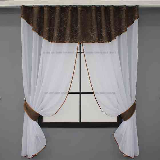Кухонный комплект VR-Textil № 084к шторки с ламбрекеном белый с коричневым 270х170 см (52-0818) Киев