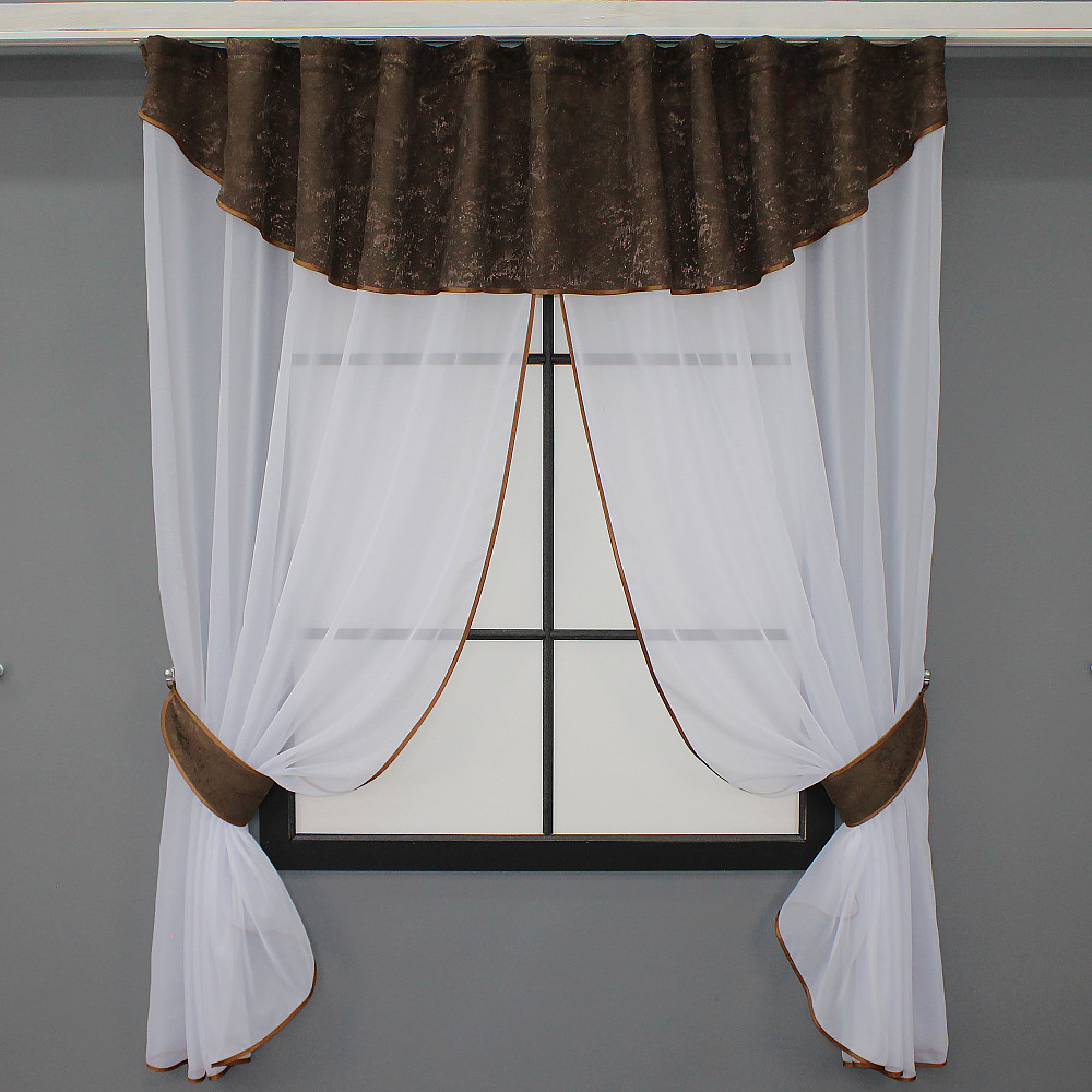 Кухонный комплект VR-Textil № 084к шторки с ламбрекеном белый с коричневым 270х170 см (52-0818) Киев - изображение 1