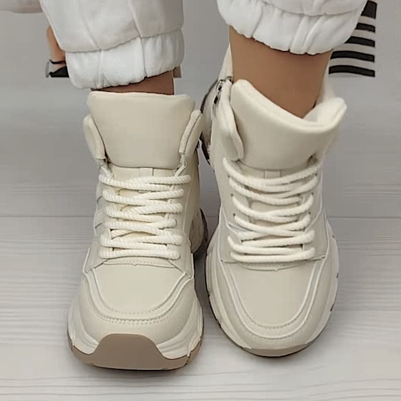 Жіночі зимові Бежеві Кросівки з МЕХОМ на Толстой Підошві Танкетке Ботинки Шкіряні Світлі (розміри: 36,37,38,39) - 8-4 Дніпро - фото 2