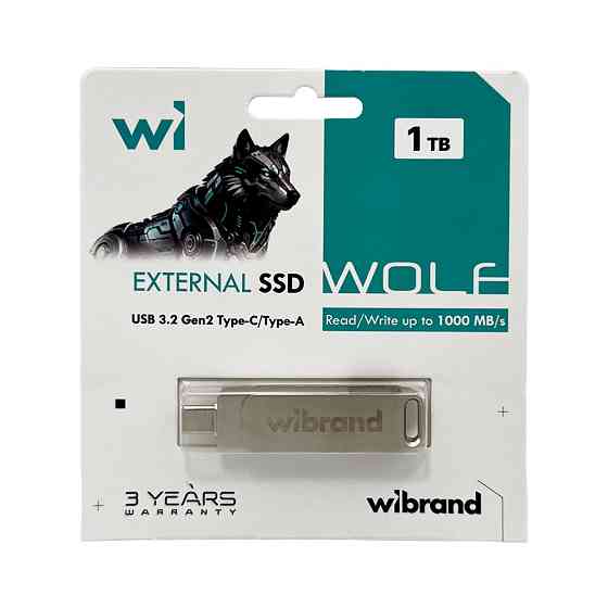 Портативний SSD Wibrand Wolf 1TB USB 3.2 Gen.2 Type-C/Type-A Read/Write 1000MB/s Silver Одеса