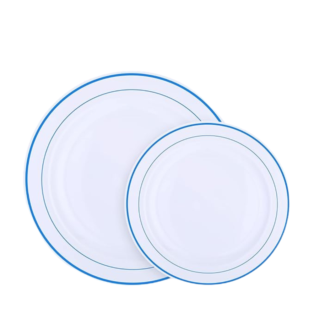Набір тарілок пластикових круглі 12 шт, десертні 19 см і обідні 26 см, білі з синім контуром Кам'янець-Подільський - фото 1