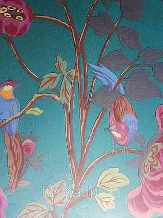 Шпалери флізелінові Decoprint екологічно чисті Daimon квіти листя гілки птиці рожеві сині на темно зеленому Київ