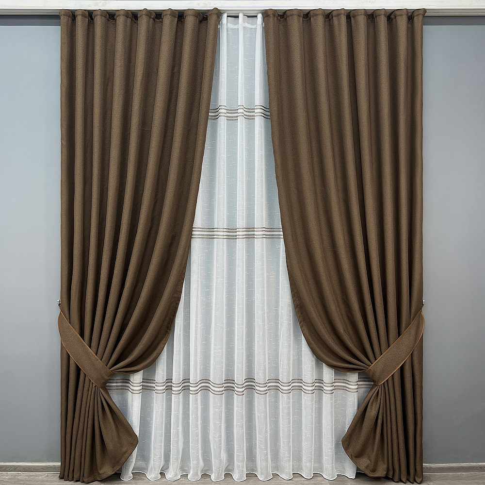 Комплект штор VR-Textil Льон Мішковина 200х270 2шт і Тюль 600х270 277ш-1429т Коричневий з білим 71-173/7 Київ - фото 1