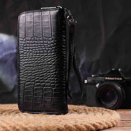 Горизонтальний гаманець для жінок з натуральної фактурної шкіри під крокодила CANPELLINI 21623 Чорний Київ