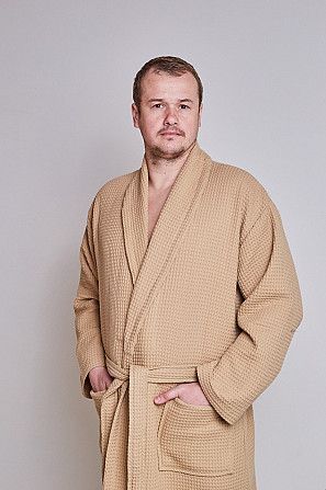 Чоловічий вафельний халат Ideal Textile довгий бежевий (56860609) Чернівці - фото 3
