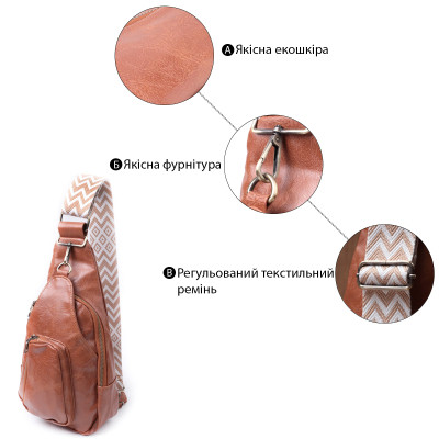 Сумка Vintage Женская из экокожи с акцентом на текстильную лямку Рыжая (22773) Винница - изображение 8