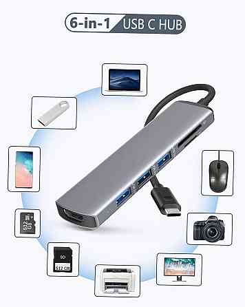 Хаб USB-C 6в1, многопортовый концентратор HDMI 4K, 3×USB 3.0, кардридер SD/TF, док-станция адаптер для MacBook Киев