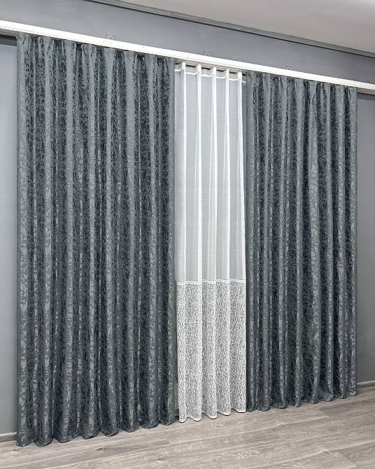 Комплект штор VR-Textil Льон Мармур 150х270 2шт і Тюль 500х270 1262ш-1672т Графітовий з білим 71-165/4 Київ - фото 3