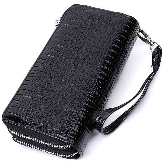 Стильный фактурный клатч на два отделения из лакированной натуральной кожи Черный (ST Leather) Киев