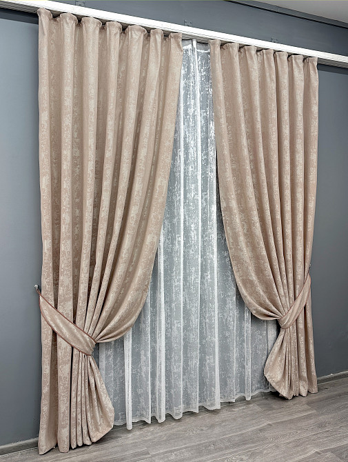 Комплект штор VR-Textil Жакард Мармур 100х270 2шт і Тюль 400х270 1290ш-1400т Бежево-пудровий з білим 71-120/2 Київ - фото 2