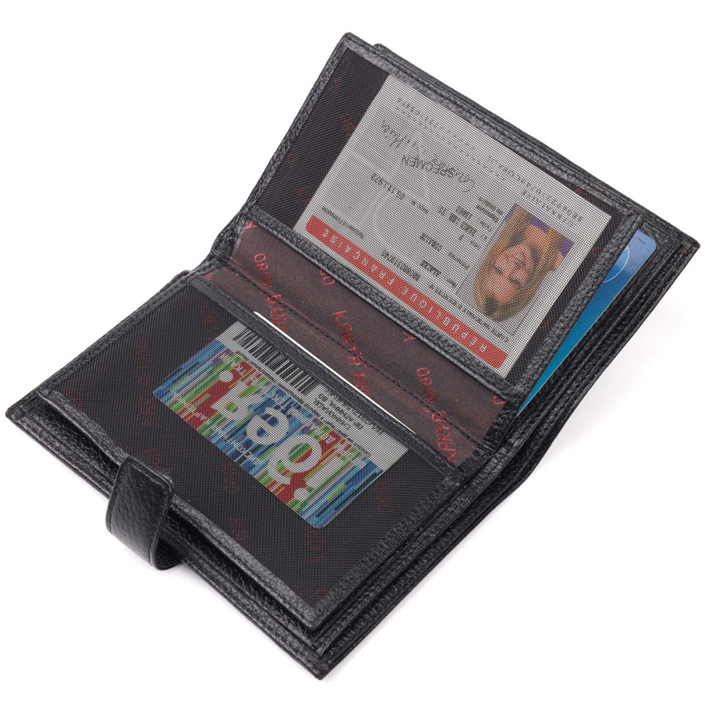 Вертикальное мужское портмоне с хлястиком из натуральной кожи KARYA 21195 Черный Киев - изображение 7