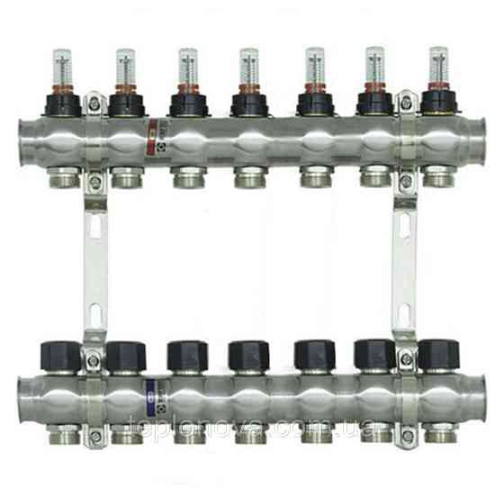 Колектор нержавійка на 7 пар виходів  "Raftec" RC-03 для Теплої Підлоги з розходомірами Чернівці