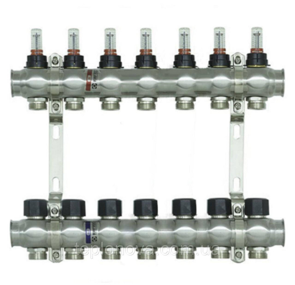 Колектор нержавійка на 7 пар виходів  "Raftec" RC-03 для Теплої Підлоги з розходомірами Чернівці - фото 1