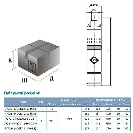 Dongyin Насос шнековый скважинный 0.75кВт H 170(107)м Q 35(20)л/мин Ø96мм (нерж) DONGYIN 4QGD1. Коломия