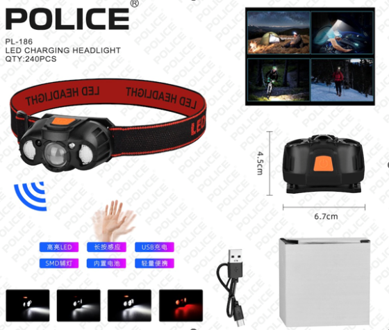 Налобний ліхтар PL-186, холодний, червоний світло, ЗУ Type-C, сенсор Дніпро