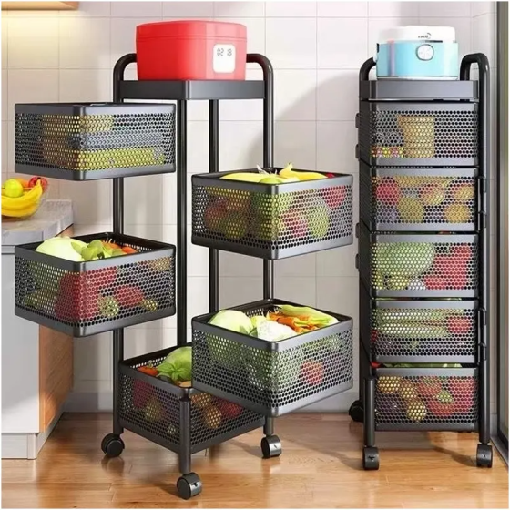 Металлический напольный стеллаж на колесиках для хранения кухонных вещей, полка этажерка, черный цвет Каменец-Подольский