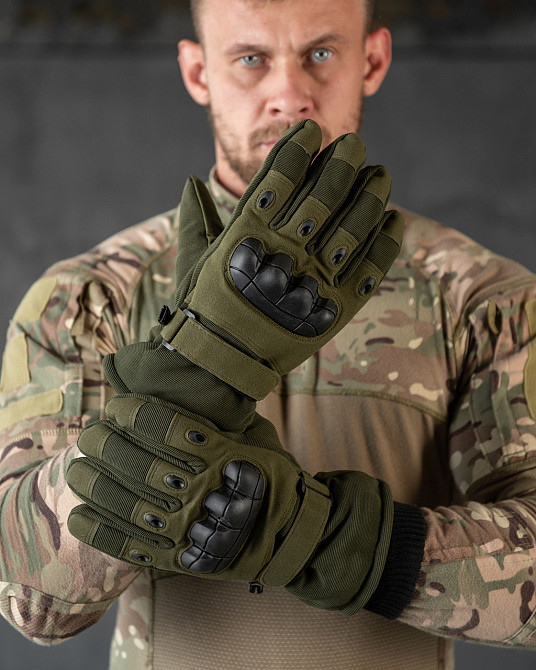 Чоловічі тактичні рукавички зимові з кісточками олива на затяжці з гумкою на хутрі Одеса - фото 4