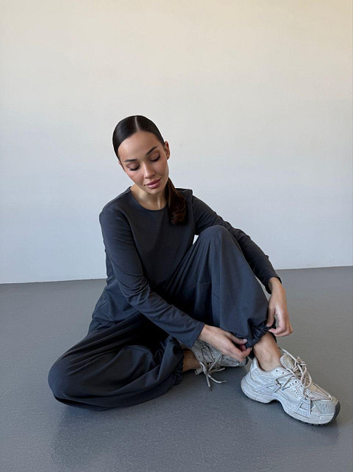 Жіночий повсякденний прогулянковий костюм-двійка: кофта та штани турецька двонитка Графіт, 46/48 Одеса - фото 4