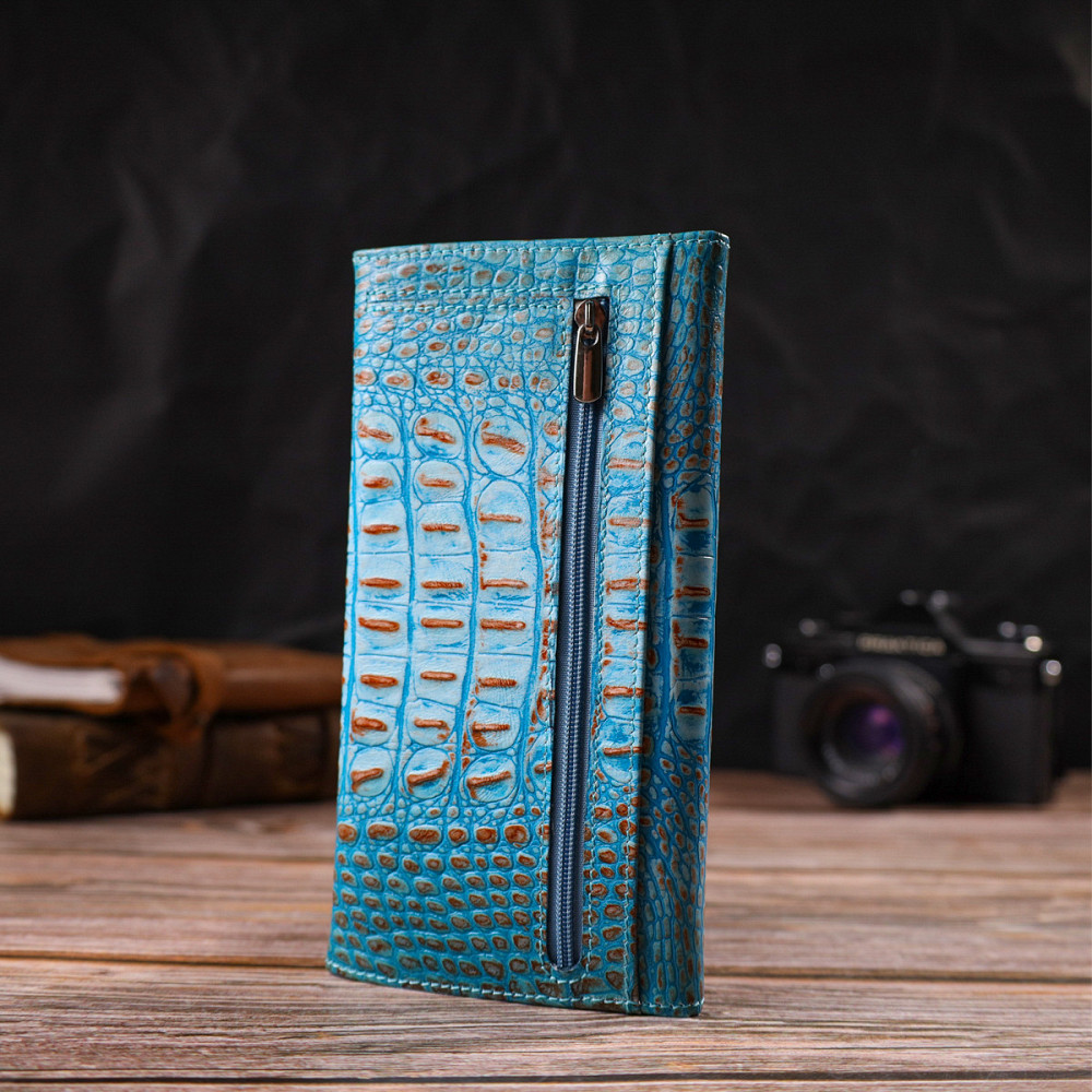 Чудове портмоне для жінок з натуральної шкіри з тисненням під крокодила CANPELLINI 21703 Блакитне Київ - фото 2