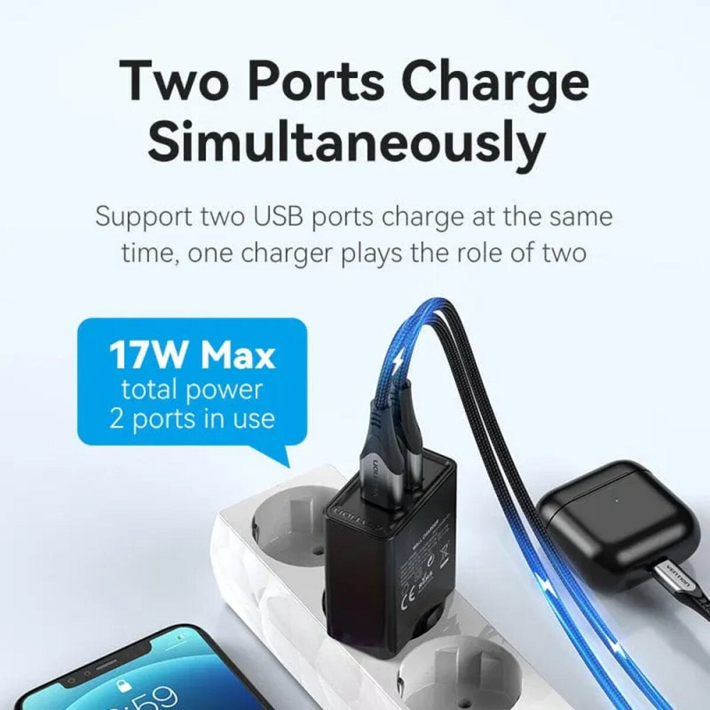 Зарядний пристрій Vention Two-Port USB(A+A) Wall Charger (18W/18W) EU-Plug Black (FBAB0-EU) Киев - изображение 5