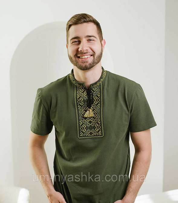 Мужская вышиванка с коротким рукавом хаки Традиция Кривой Рог - изображение 1