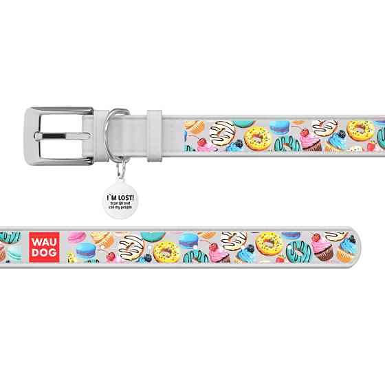 Нашийник для собак шкіряний WAUDOG Design з QR паспортом, малюнок "Пончики", XL, Ш 35 мм, Дов 4 Коломия