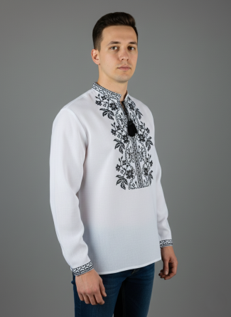 Чоловіча вишиванка на довгий рукав чорним орнаментом на білому полотні Київ