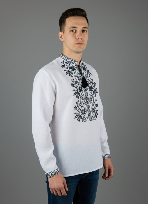 Чоловіча вишиванка на довгий рукав чорним орнаментом на білому полотні Київ - фото 2