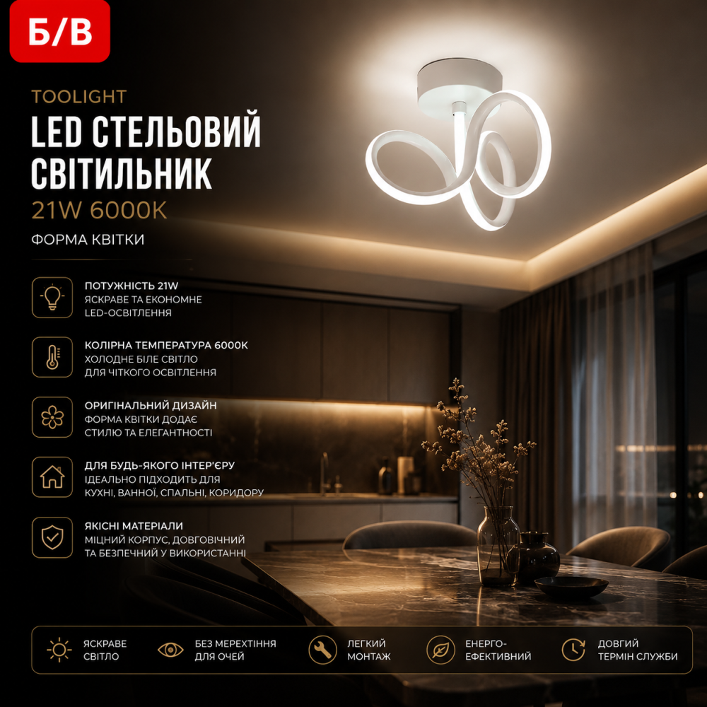 Б/у Светодиодный потолочный светильник Toolight 21W 6000K в форме цветка люстра для кухни и ванной Киев - изображение 1