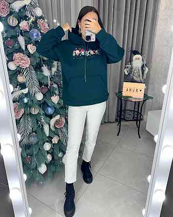 Жіноча тепла новорічна худі оверсайз крою тринитка на флісі Смарагдовий, 48/52 Одеса