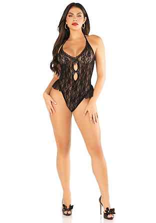 Боди Leg Avenue Lace Floral Lace Halter Teddy with Flutter Accent One Size, Black Sex Aura Киев