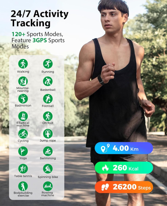 Смарт-браслет EGQINR PRO: 24/7 Трекер здоровья, сна и HRV, 120+ режимов спорта, IP68, 2 ремешка в комплекте (Black) Киев - изображение 4