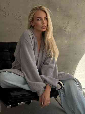 Жіночий затишний оверсайз кардиган із поясом альпака Сірий Одеса