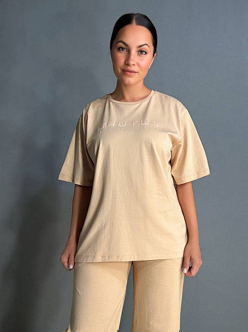 Костюм женский CAPPITONE 101183 с надписью футболка оверсайз и брюки палаццо капучино, капучино, M Киев - изображение 19