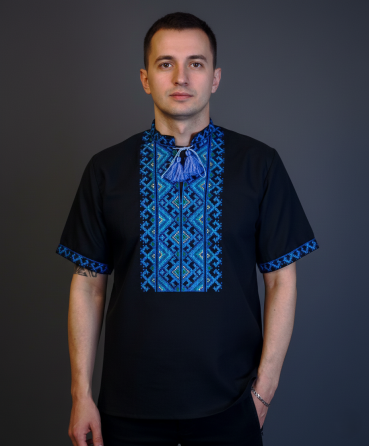 Черная мужская вышиванка из домотканого полотна с ярким орнаментом короткий рукав 50 Киев