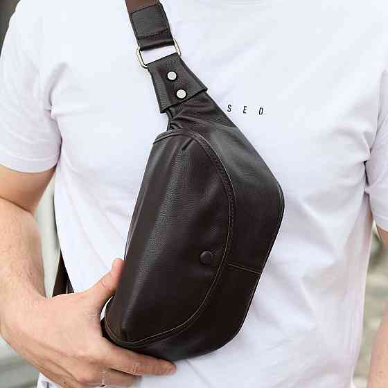 Чоловічий шкіряний рюкзак нагрудний для телефону 14х29х8, сумка бананка для міста та відпочинку 70101 чорна Київ