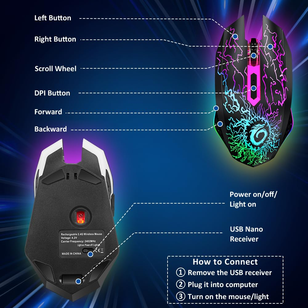 Беспроводная игровая мышь VersionTECH 2.4G, 6 кнопок, 800–1600 DPI, RGB-подсветка, аккумуляторная, черная Киев - изображение 8