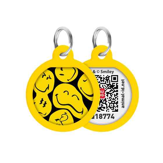 Адресник для собак і котів металевий WAUDOG Smart ID з QR паспортом, малюнок "Смайли на чорному", коло, Д 25 мм Київ