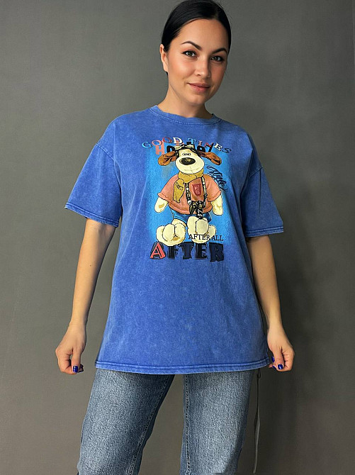 Футболка жіноча YIGOU 74 тай дай оверсайз з принтом собака, синій, one size Київ - фото 16