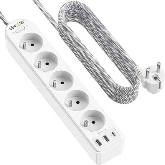Мережевий подовжувач LENCENT (5 розеток, 2 USB, 1 Type-C) з вимикачем та плетеним кабелем 2 м (товар з вітрини) Луцк