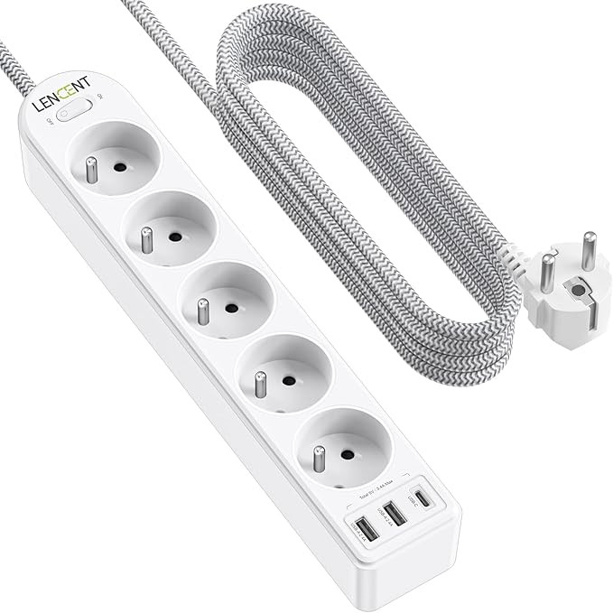 Мережевий подовжувач LENCENT (5 розеток, 2 USB, 1 Type-C) з вимикачем та плетеним кабелем 2 м (товар з вітрини) Луцк - изображение 1