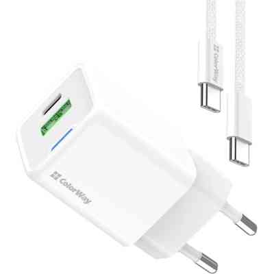 Зарядний пристрій ColorWay GaN Mini 35W PD Port PPS USB (Type-C PD + USB QC4.0) cable Type-C (CW-CHS055PDC-WT) Вінниця