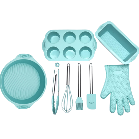 Набор формы силиконовые для выпечки 8 штук,комплект кухонных пренадлежностей с прихваткой,цвет бирюзовый Каменец-Подольский