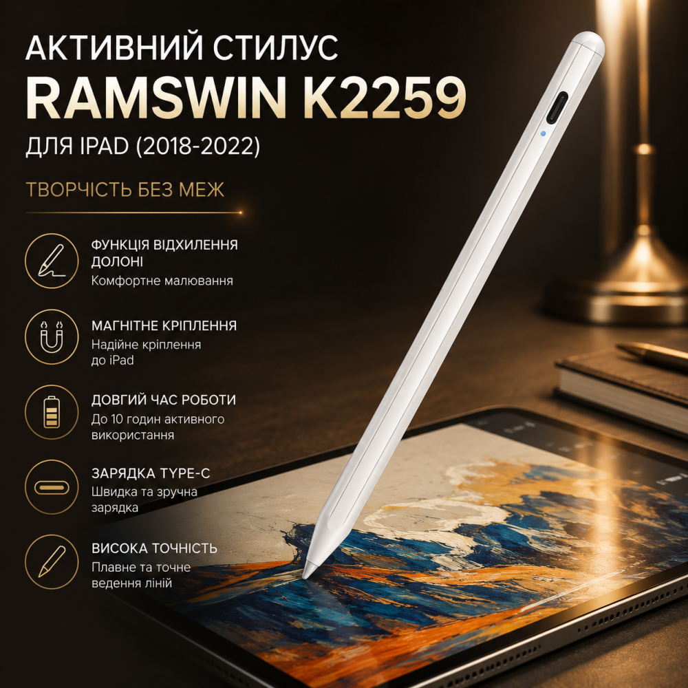 Активний стилус RAMSWIN K2259 White для iPad (2018-2022) з функцією відхилення долоні та магнітним кріпленням Київ - фото 8
