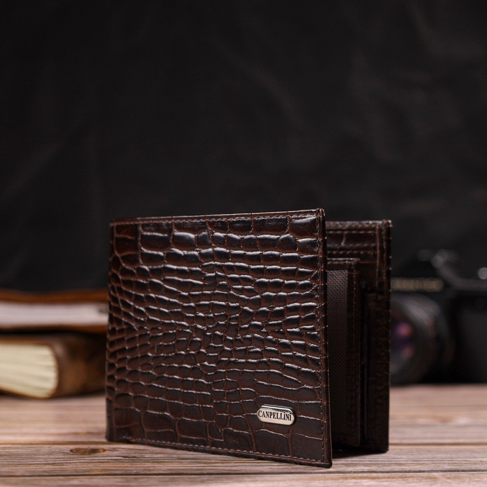 Горизонтальный мужской бумажник среднего размера из натуральной кожи с тиснением под крокодила CANPELLINI 21860 Коричневый Киев - изображение 8